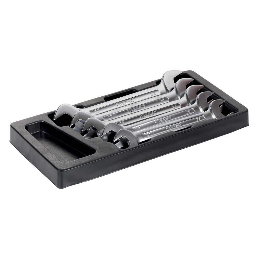 Plastic tray of open double end wrenches