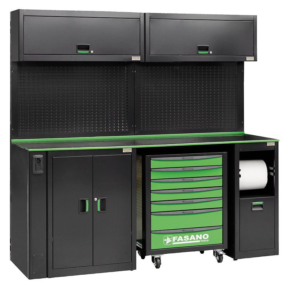 Workshop equipment combination, composed by 02 upper cabinets, 01 fixed tool box with 7 drawers, service module for paper and waste collection module