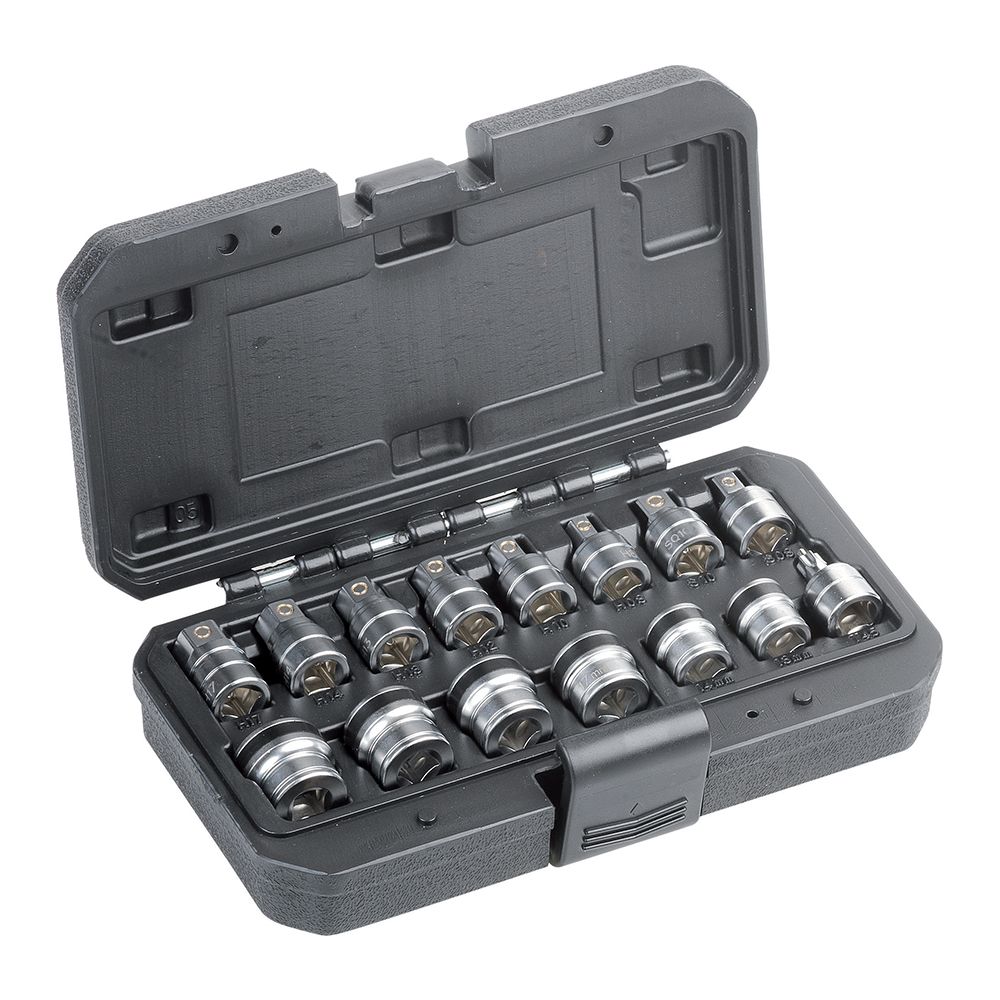Set of 15 sockets for oil drain plugs removing
