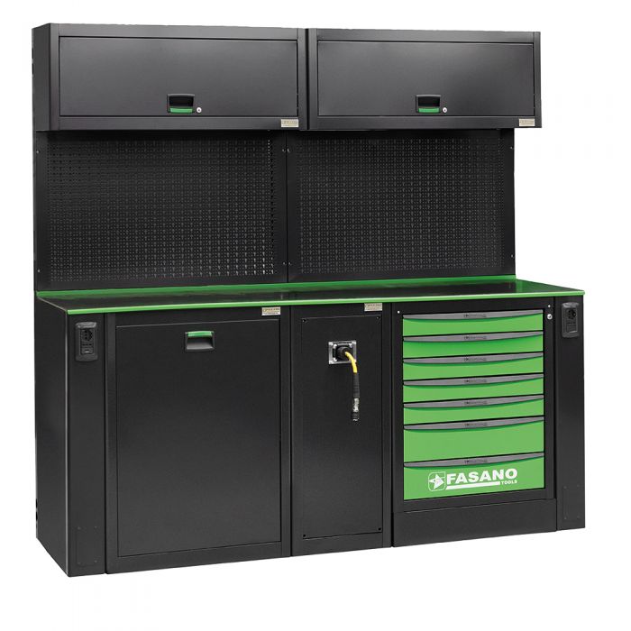 Workshop equipment combination, composed by 02 upper cabinets, 01 fixed tool box with 7 drawers, service module for air distribution and waste collection module 
