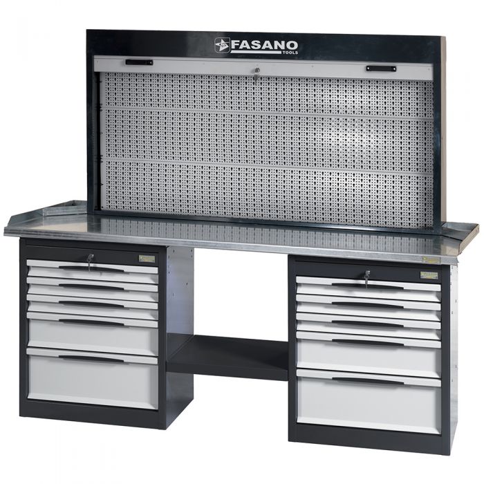Workbench equipped with 2 cabinets with 5 drawers and panel tools holder with aluminum shutter 