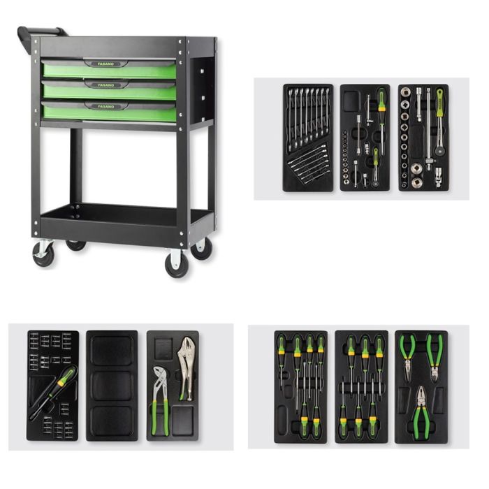 Tool trolley FG 101 with 3 drawers and 106 pcs assortment of professional tools 