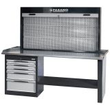 Workbench equipped with 1 cabinet with 5 drawers and panel tools holder with aluminum shutter